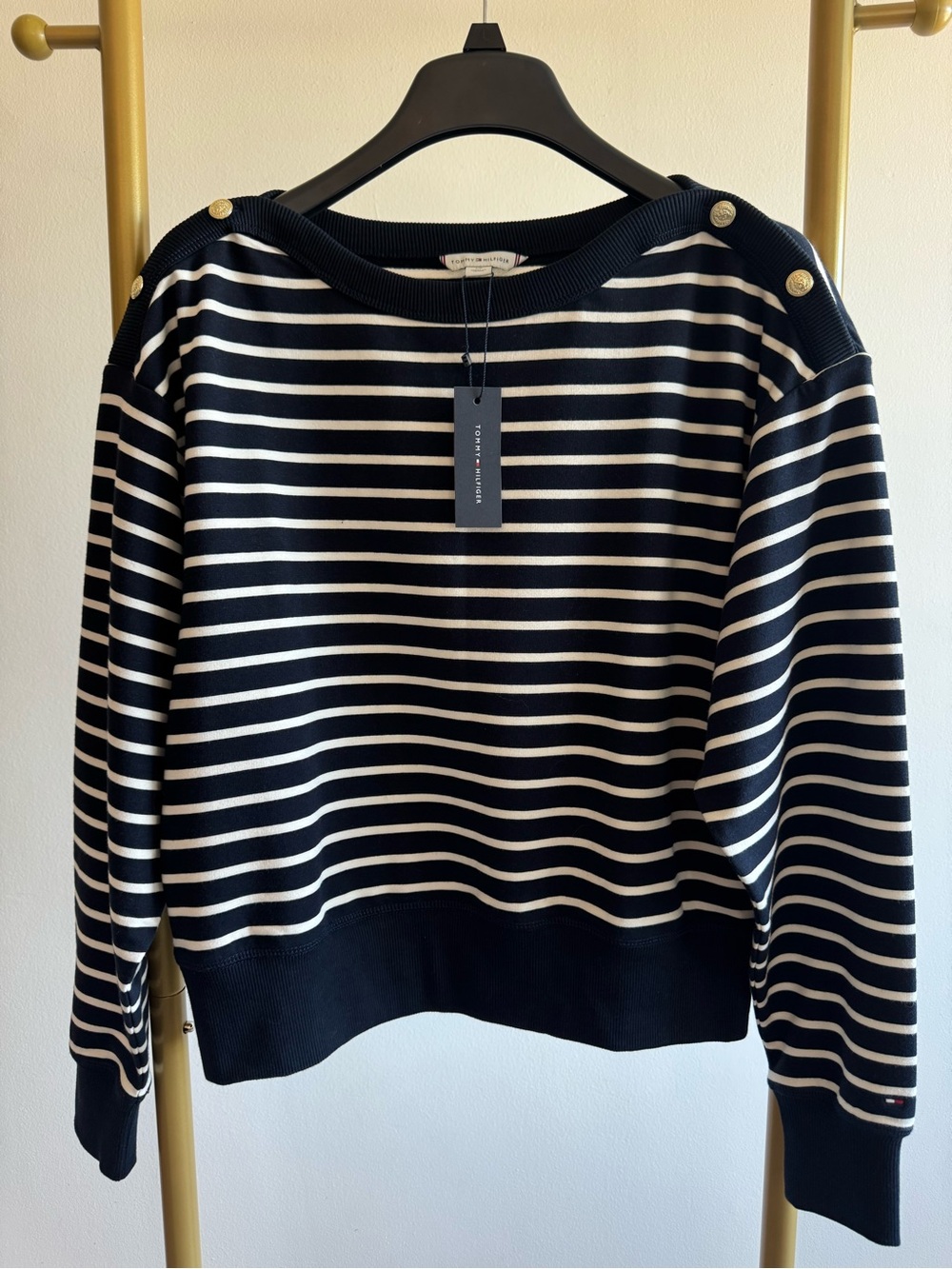 Tommy Hilfiger Navy and White Striped Button-Shoulder Sweatshirt